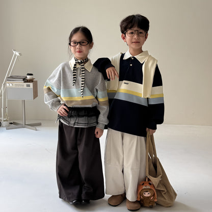 -ビッグボーダー長袖スウェットポロシャツ ロゴ刺繍入り襟付きトップス【mh0010779】 - mamahalo shop - 長袖シャツ・ブラウス -  べビー服 - 子供服 - 男の子 - 女の子