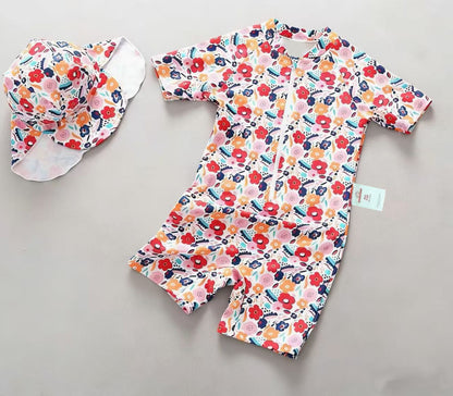 Long-sleeve Diagonal Zipper One-piece Beach Sun Protection Surf Suit ボタニカル 長袖水着 帽子セット【mh0013316】