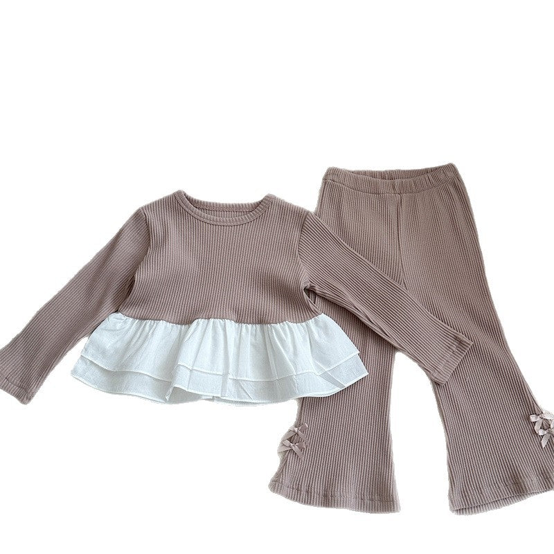 Conjunto de camiseta de manga larga acanalada con volantes y lazo para niña y pantalón acampanado【mh0014151】