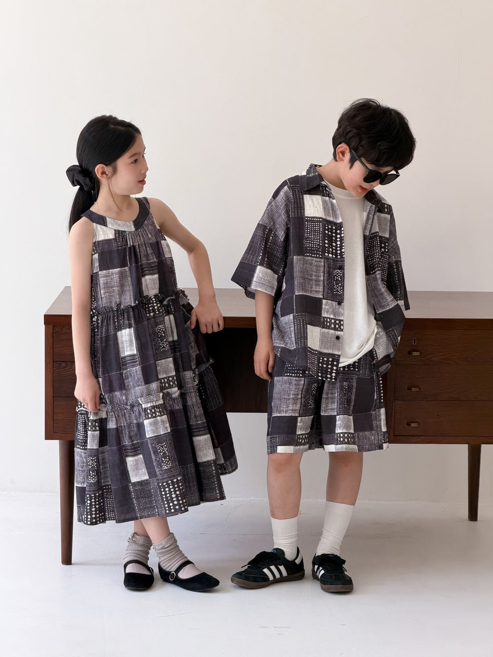 Ethnic Geometric Printed Dress Shirt Shorts Set エスニック ノースリーブワンピース 半袖シャツ ハーフパンツ【mh0013538】