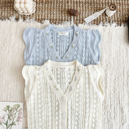 キッズ フラワー 透かし編み フリル 刺繍 ニット ベスト 長袖 ブラウス【mh0014609】