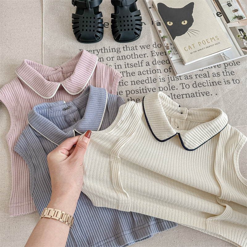 Kids' Ribbed Sleeveless T-shirt with Collar and Round Neck【mh0001795】