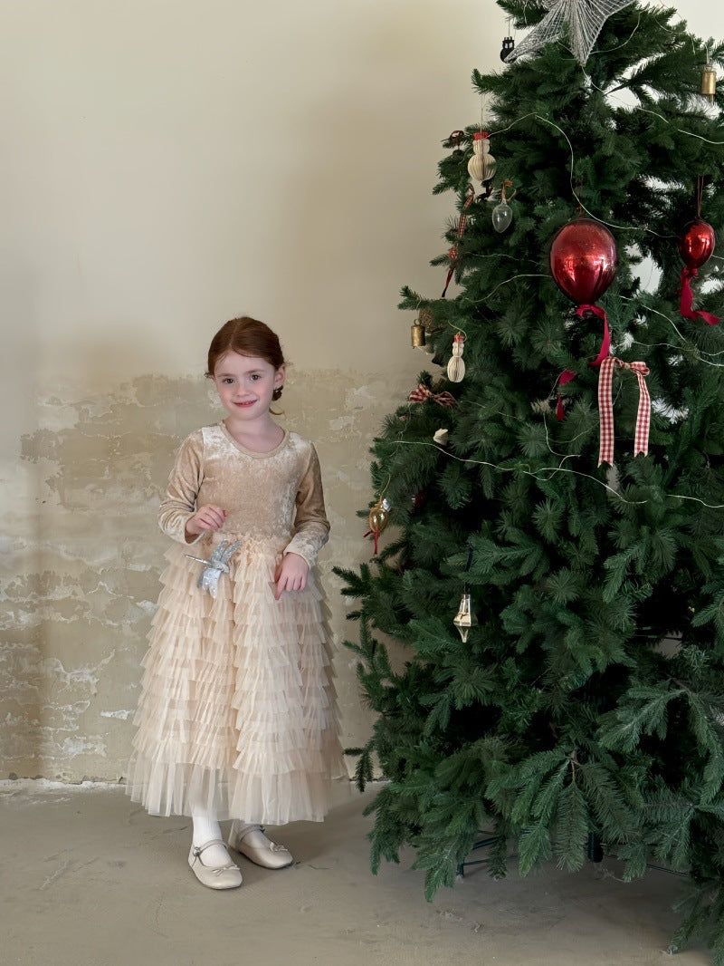 長袖ワンピース ベロア チュチュ チュールスカート パーティドレス【mh0011881】