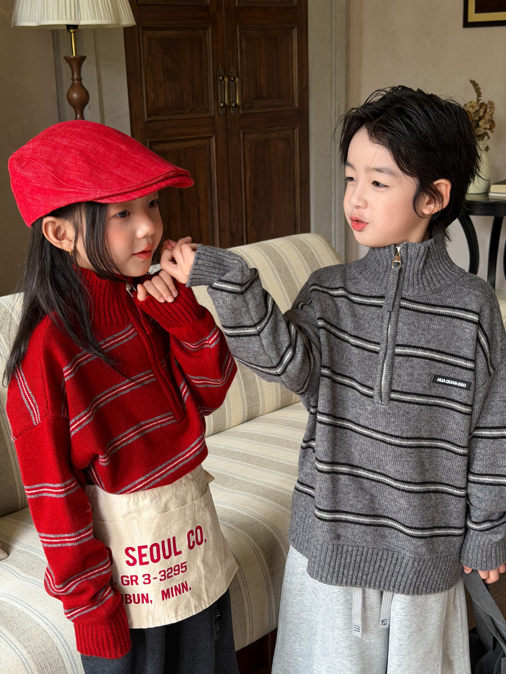 Suéter de punto de manga larga con cremallera media y cuello alto a rayas para niños【mh0013924】