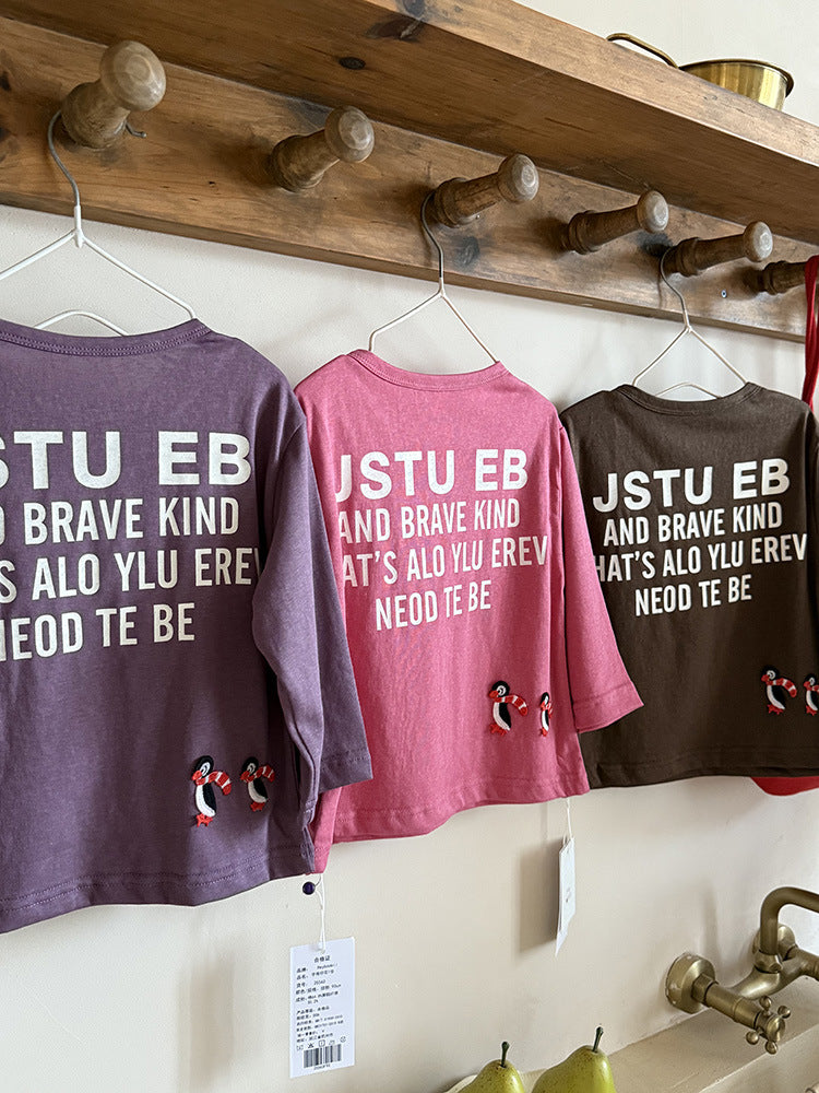 -ペンギン柄プリントTシャツ ロゴ入り長袖トップス【mh0011055】 - mamahalo shop - 長袖Tシャツ -  べビー服 - 子供服 - 男の子 - 女の子