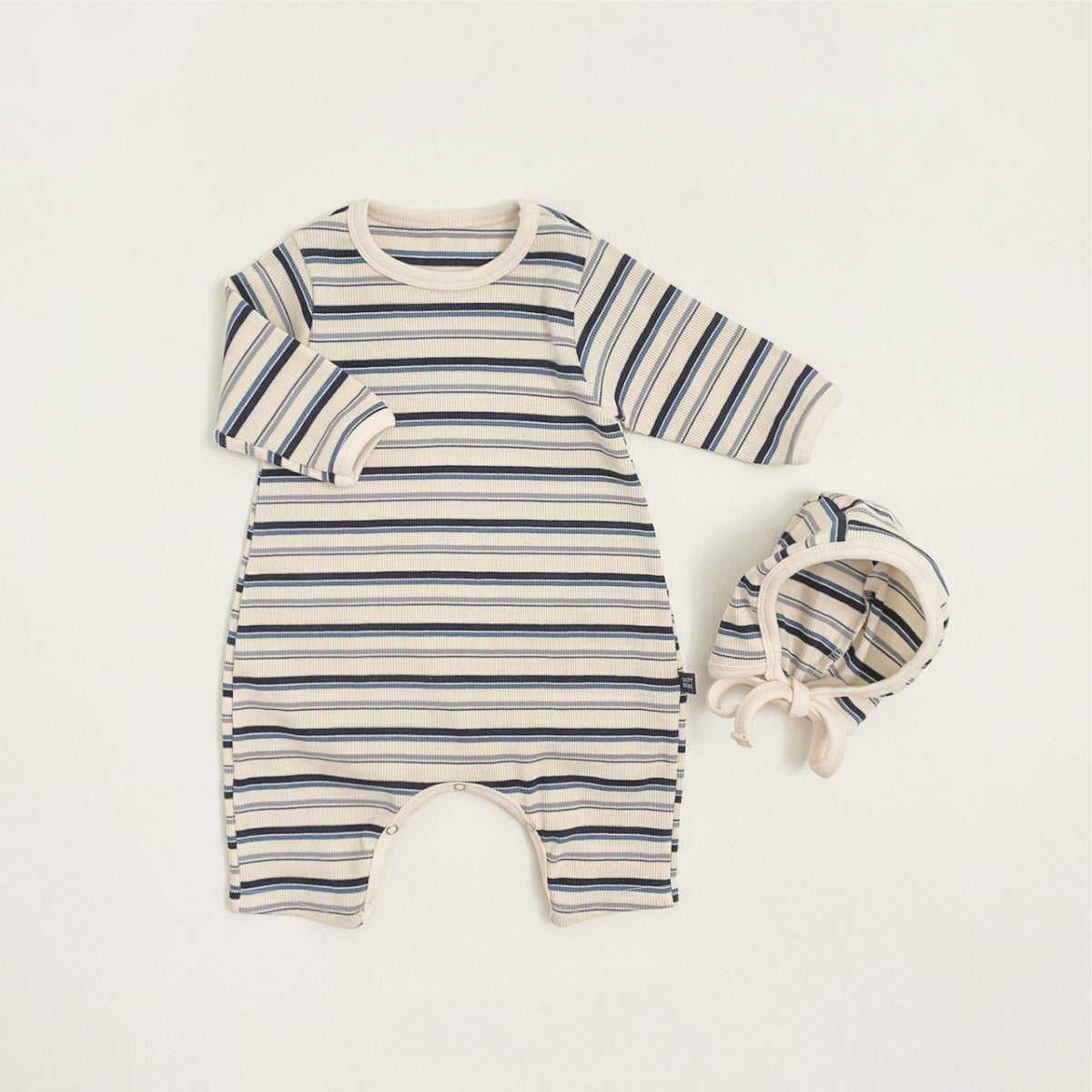 -カラフルボーダーロンパース ボンネット付き リブ編み コットンカバーオール 2点セット【mh0010891】 - mamahalo shop - 長袖ロンパース -  べビー服 - 子供服 - 男の子 - 女の子