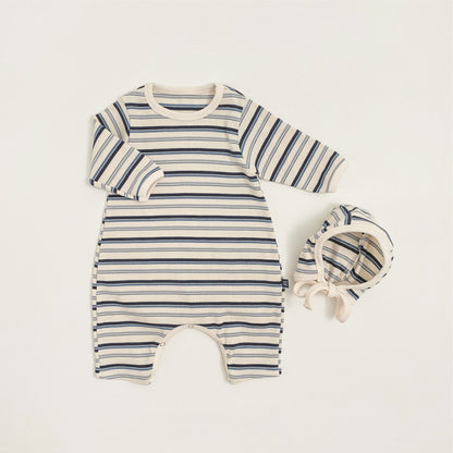 -カラフルボーダーロンパース ボンネット付き リブ編み コットンカバーオール 2点セット【mh0010891】 - mamahalo shop - 長袖ロンパース -  べビー服 - 子供服 - 男の子 - 女の子