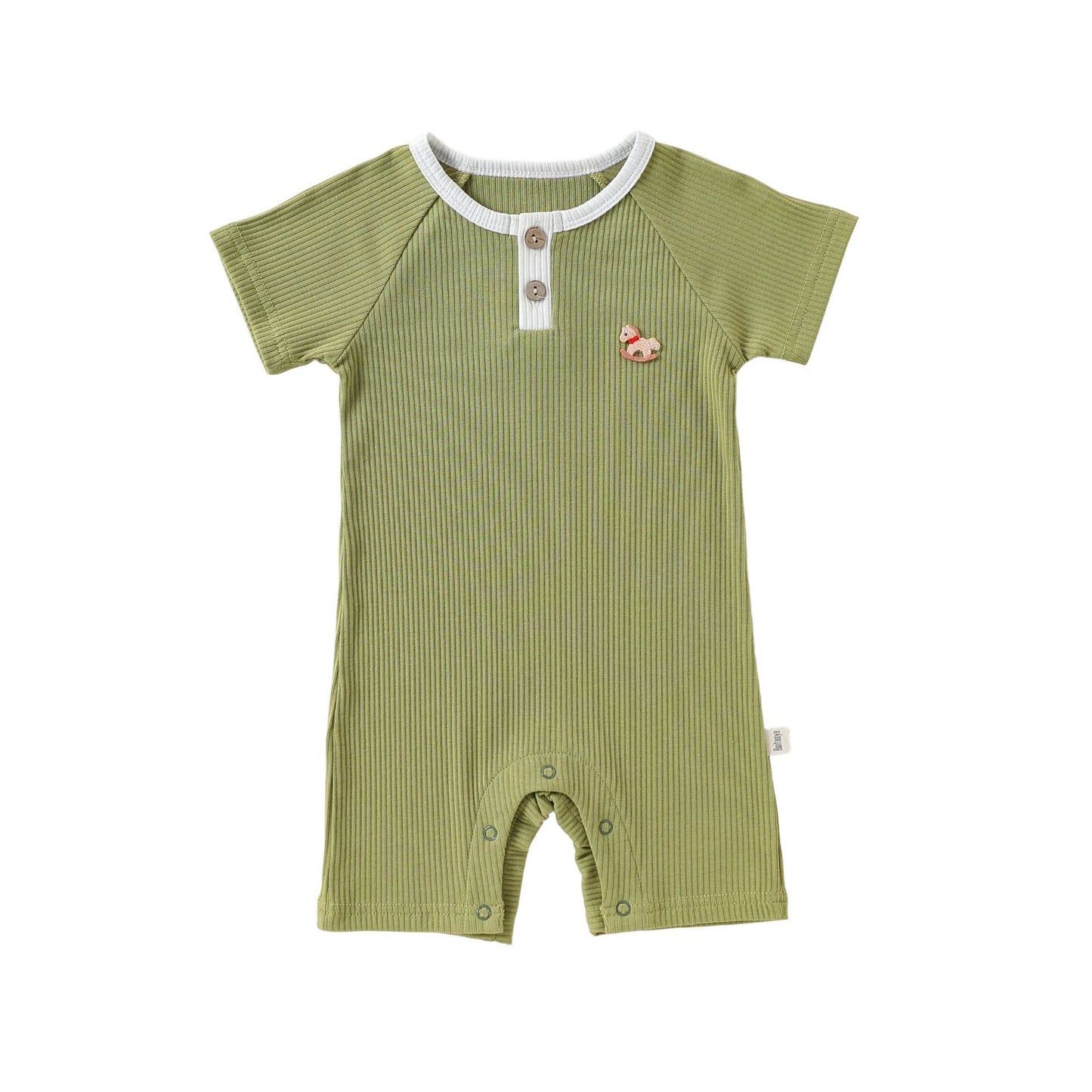 Henley Neckline Short Sleeve Modal Romper ワンポイント 刺繍 半袖ロンパース【mh0012781】