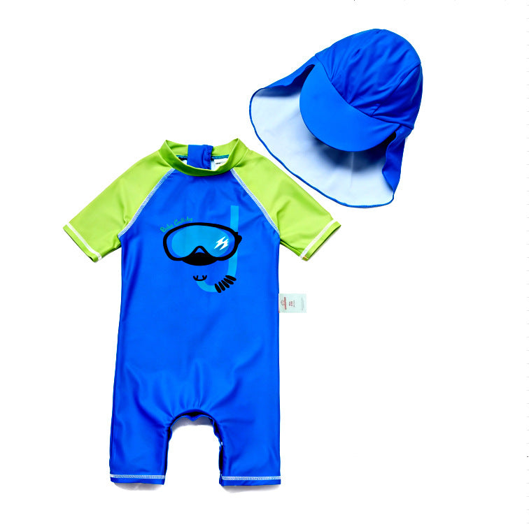 One-Piece Sun Protection Surf Wear プリント 半袖水着 帽子セット【mh0013319】