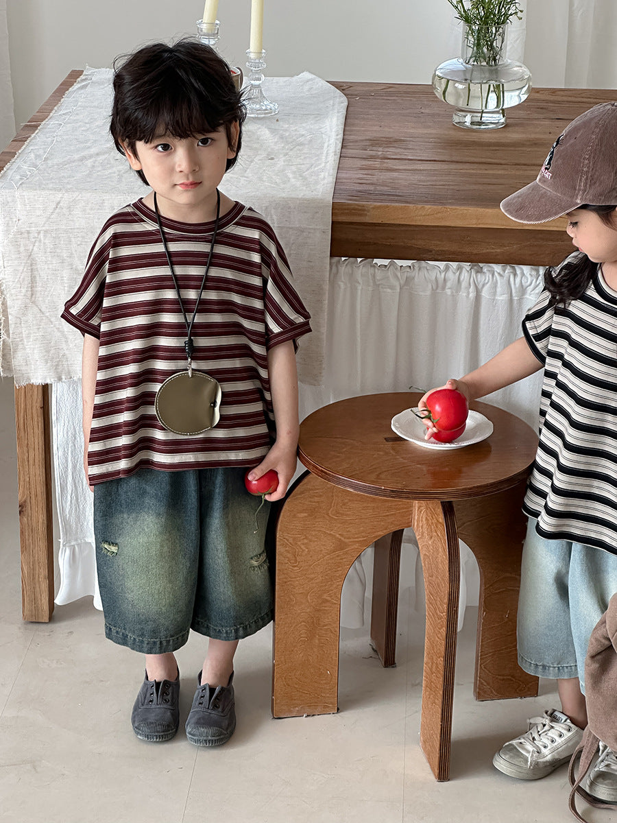 Striped Casual Loose Cotton Tops ボーダー 半袖Tシャツ【mh0013463】