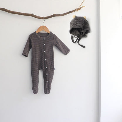 -ベビー ボーダー 足つき ロンパース ぽんぽん帽子 セット【mh0000050】 - mamahalo shop - 長袖ロンパース -  べビー服 - 子供服 - 男の子 - 女の子