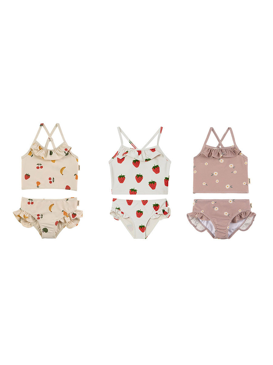 -キッズ水着 ガールズ ビキニ キャミソールトップス+フリルパンツ フルーツ/フラワープリント 3カラー スイムウェア【mh0005984】 - mamahalo shop - ベビー用水着 -  べビー服 - 子供服 - 男の子 - 女の子