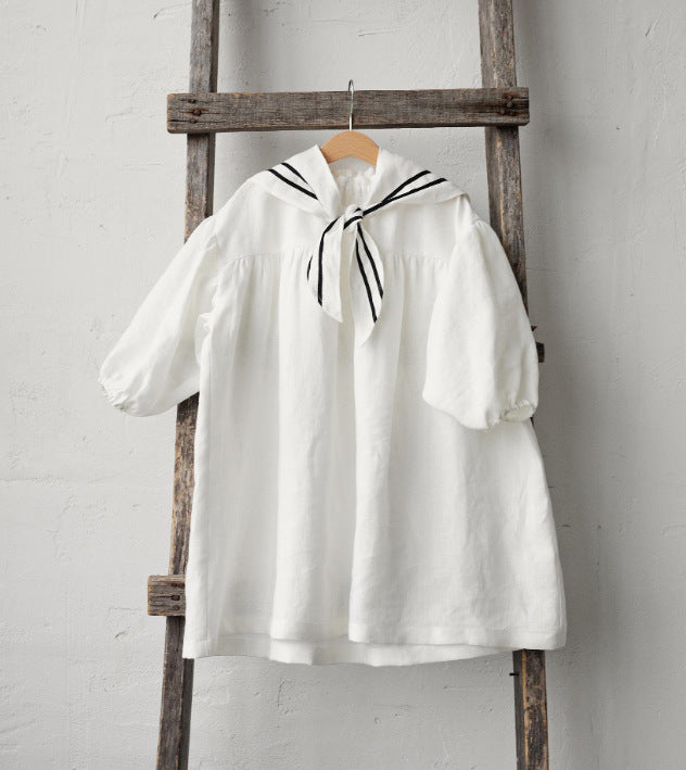 Kids' Sailor Collar Detachable Puff Sleeve Linen A-Line Long-Sleeved Dress [mh0013876]