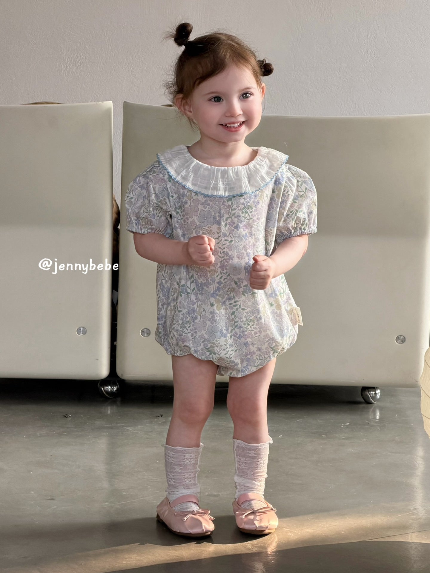 Floral Puff Sleeve Romper 花柄 コットン パフスリーブ ロンパース【mh0012540】