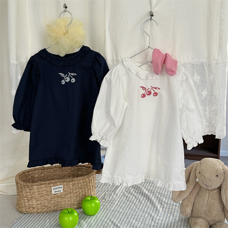 キッズ チェリー 刺繍 フリルカラー 長袖 ワンピース【mh0014157】