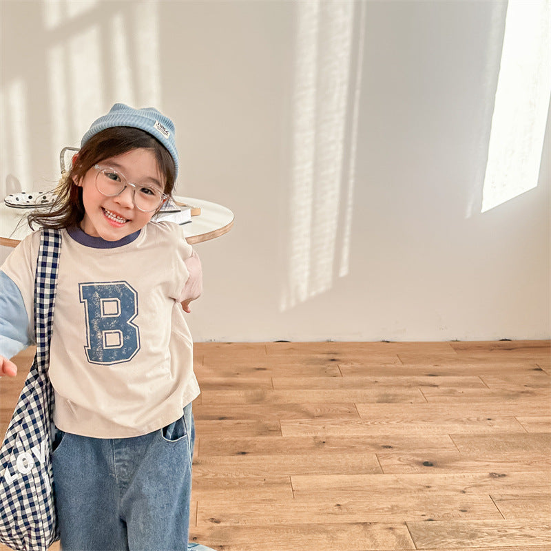 Kids Tops Long Sleeve T-Shirt Patchwork Letter Logo Print 2 Colors