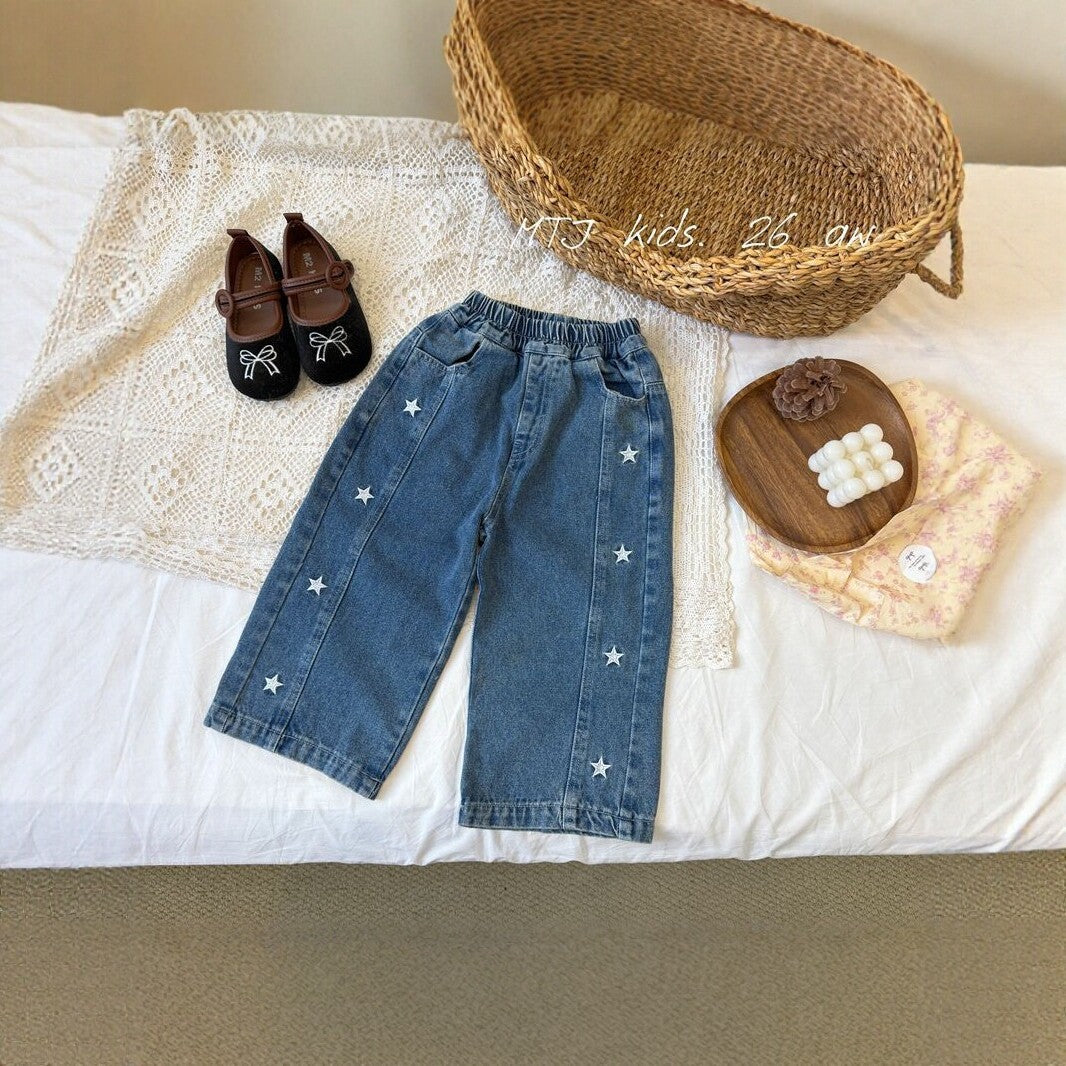 キッズ 星柄 刺繍 デニム ストレート パンツ【mh0014520】