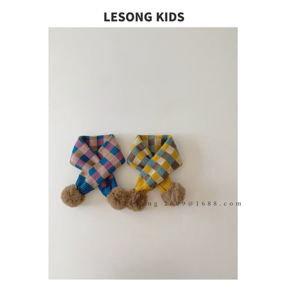 キッズマフラー カラフル ブロックチェック ぽんぽん ネックウォーマー【mh0011843】