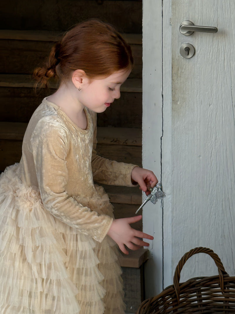 長袖ワンピース ベロア チュチュ チュールスカート パーティドレス【mh0011881】