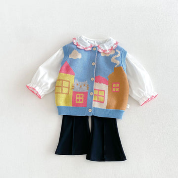 Kids' House Motif Jacquard Ruffle Collar Knit Vest, Long-Sleeved Blouse, Flare Pants Set [mh0014046]