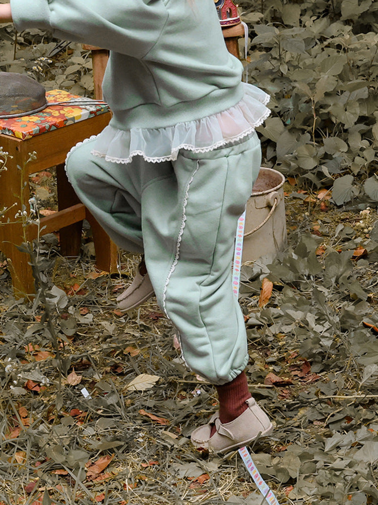 【mh0014801】2026 Otoño Nuevo Strawberry Shan Coreano Niños Niñas Elegante Encaje Holgado Versátil Casual Deportes Pantalones de Chándal