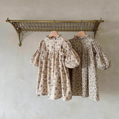 長袖ワンピース 小花柄プリント フリルスタンドカラー バブルスリーブ【mh0011850】