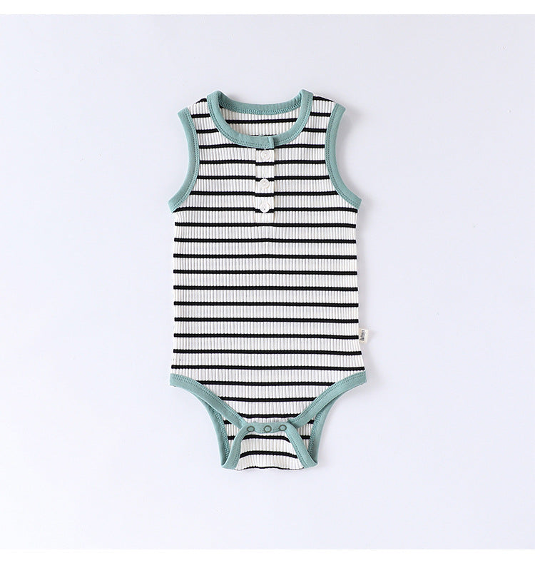 Striped Ribbed Cotton Romper マルチボーダー 半袖ノースリーブロンパース【mh0013597】