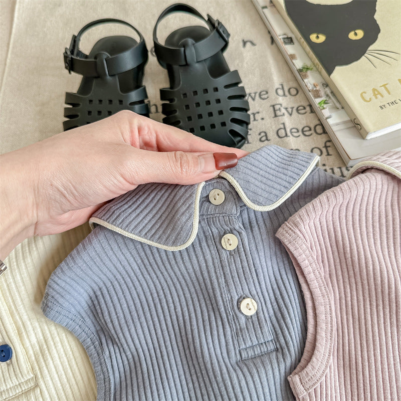 Kids' Ribbed Sleeveless T-shirt with Collar and Round Neck【mh0001795】