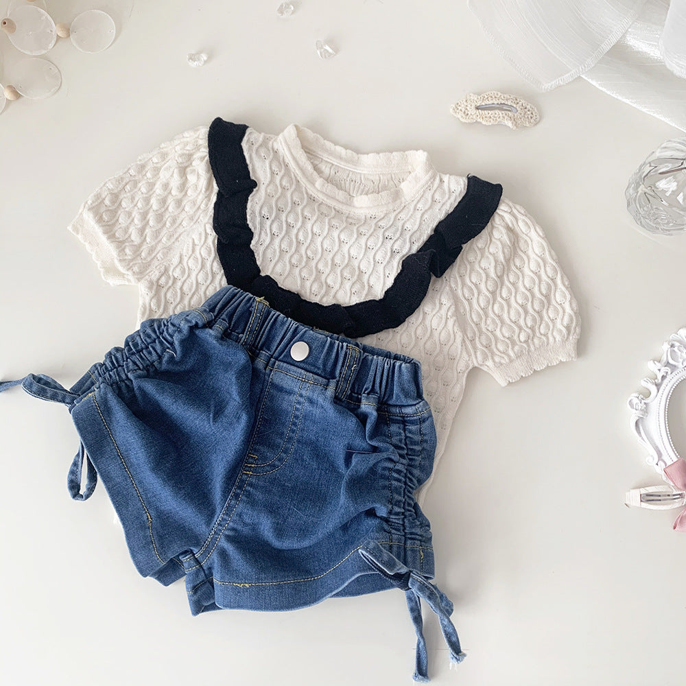 Baby Kids Openwork Knit Ruffled Summer Top Backless Short Sleeve T-Shirt [mh0002013]