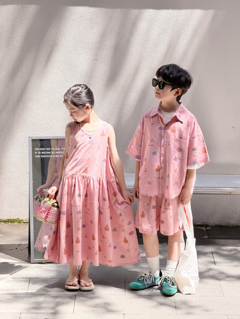 Pumpkin Mixed Vegetable Print Set Dress ベジタブル 半袖シャツ ハーフパンツ ノースリーブワンピース【mh0013527】