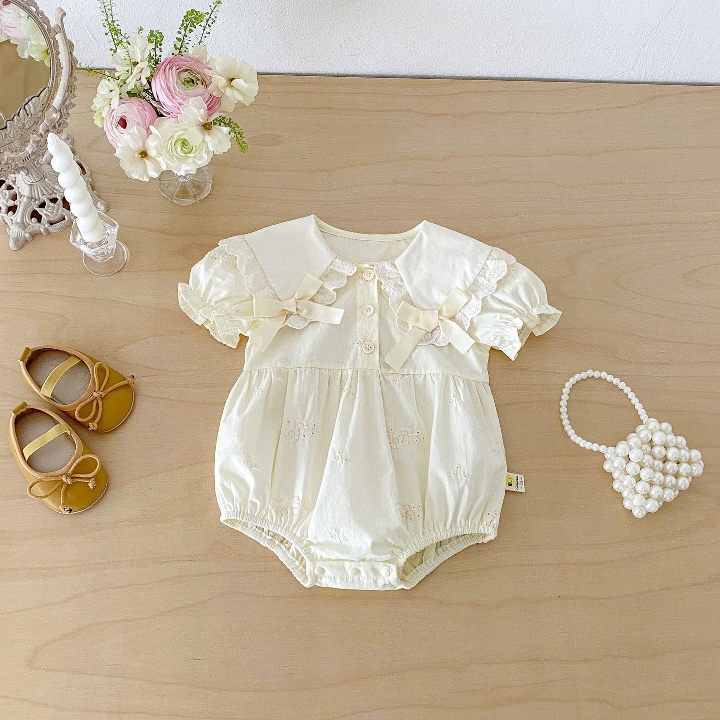 Baby Kids Lace Collar Ribbon Embroidery Puff Sleeve Short Sleeve Romper Dress [mh0013846]
