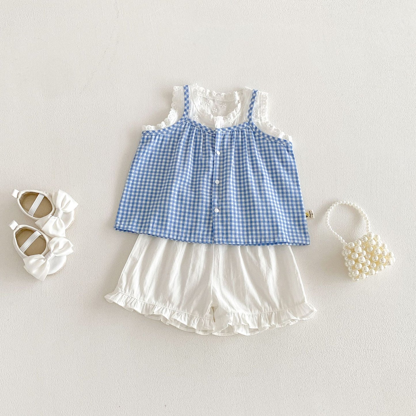 Spaghetti Strap Plaid Top Lace Shorts Set ラッフル ノースリーブチュニック ショートパンツ【mh0013421】