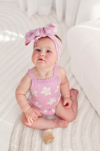 ノースリーブニットロンパース 花柄 ジャカードニット ボディスーツ ヘアバンド【mh0011857】