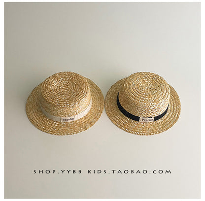 Kids' Logo Ribbon Straw Hat with Chin Strap Boater Hat [mh0000861]