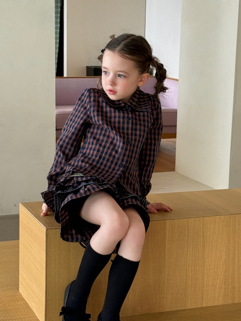 Kids' Plaid Button-Up Long-Sleeve Shirt and Colorblock Tiered Mini Skirt Set [mh0014085]
