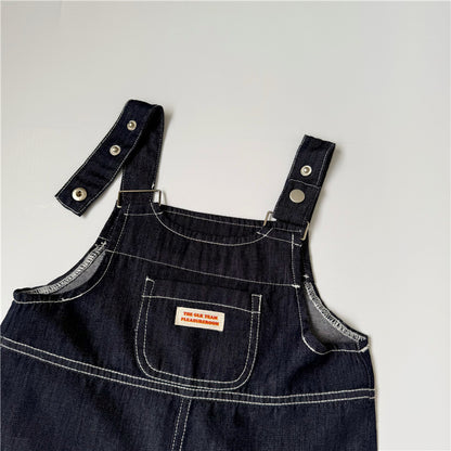 キッズ パッチ デニム ステッチ ロング サロペット【mh0013650】