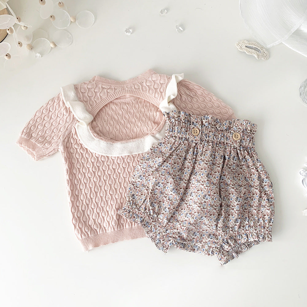 Baby Kids Openwork Knit Ruffled Summer Top Backless Short Sleeve T-Shirt [mh0002013]