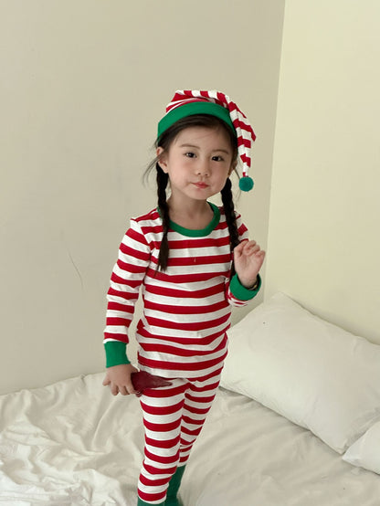 Kids' striped long-sleeve T-shirt, easy-fit long pants, and pom-pom motif cap: 3-piece set【mh0008100】