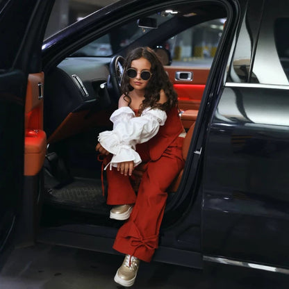 Kids' Corset-Style Puff-Sleeve Top + Ribbon Wide-Leg Long Pants Set [mh0014742]