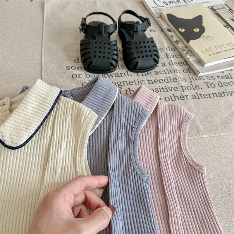 Kids' Ribbed Sleeveless T-shirt with Collar and Round Neck【mh0001795】