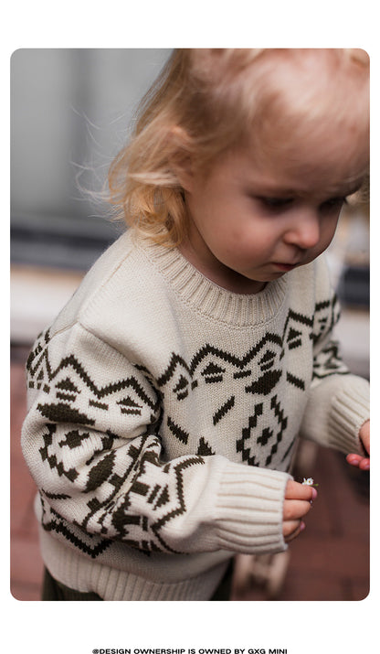 -長袖ニットセーター フェアアイル柄 北欧風 クルーネック プルオーバー【mh0011307】 - mamahalo shop - ニット・セーター -  べビー服 - 子供服 - 男の子 - 女の子