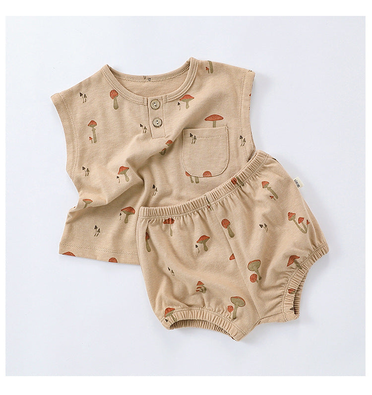 Sleeveless Fruit Pattern Shorts Set フルーツ 半袖Tシャツ ショートパンツ セット【mh0013586】