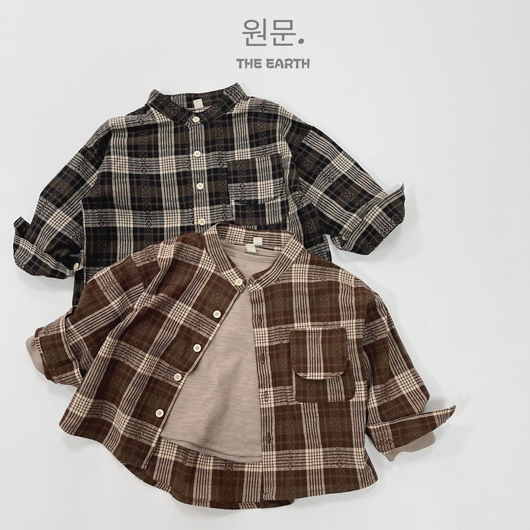 キッズ チェック バンドカラー ルーズ 長袖シャツ【mh0013930】