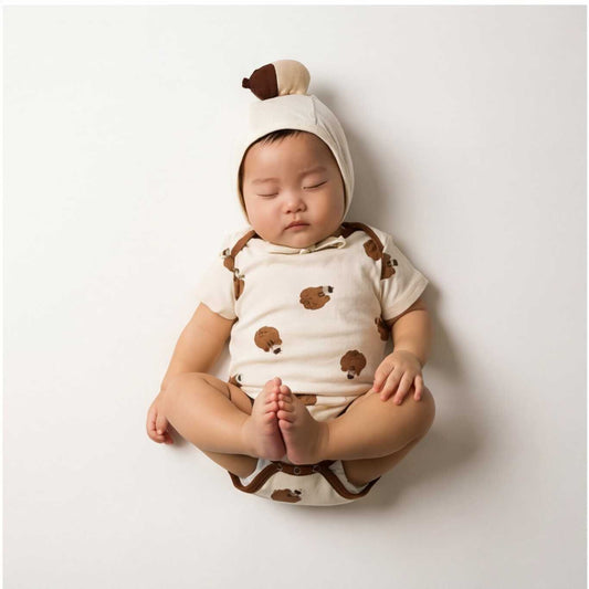 Short Sleeved Squirrel Print Jumpsuit With Chestnut Hat リスプリント 半袖ロンパース【mh0013360】