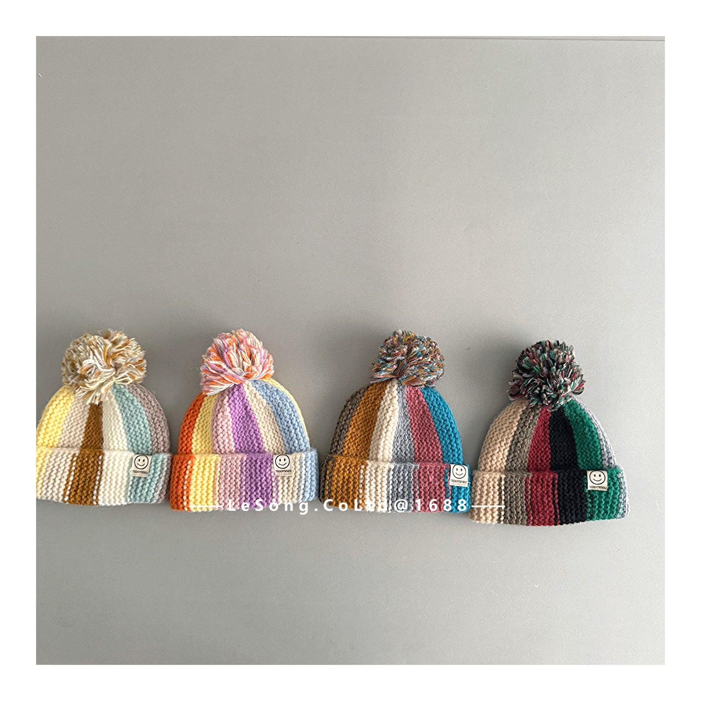 キッズ帽子 カラフルストライプ ニットキャップ ぽんぽん ビーニー【mh0011847】