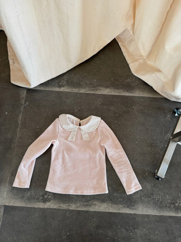 Blusa de manga larga con cuello Peter Pan de volantes y lazo para niña