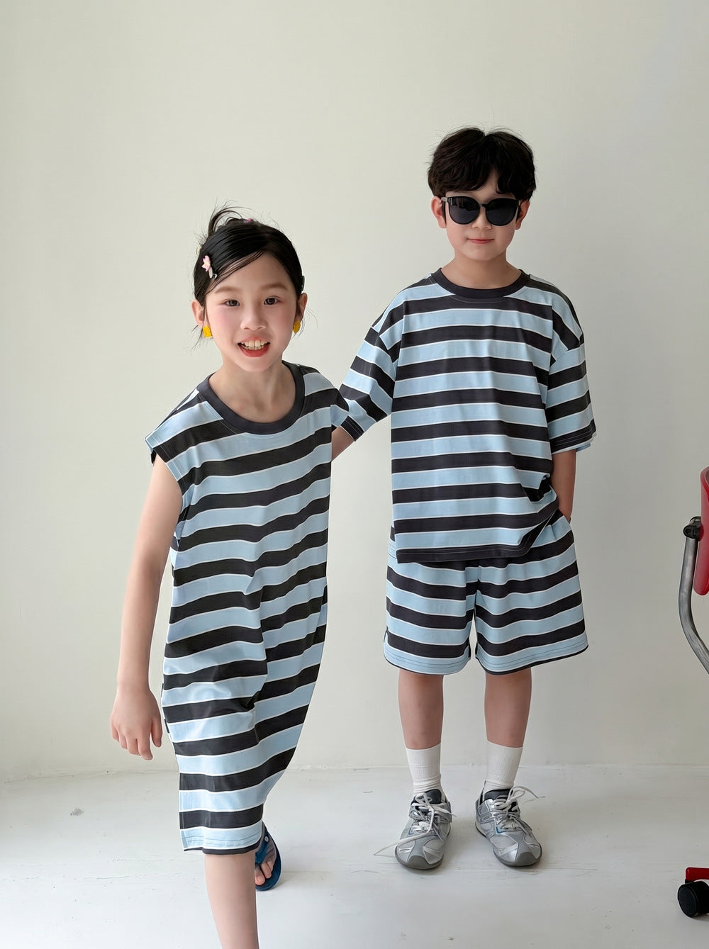 Casual Stripe Loose Dress Set ボーダー 半袖Tシャツ ハーフパンツ セット ノースリーブワンピース【mh0013537】