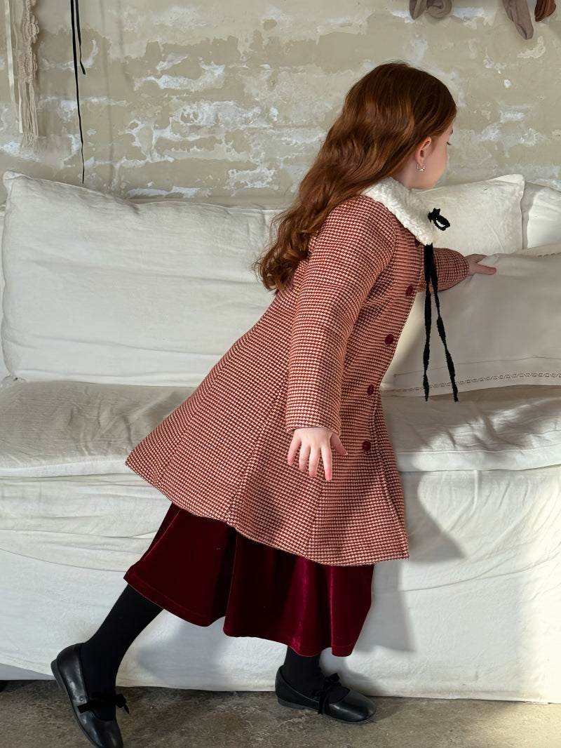 A-line retro coat with check pattern, round collar, quilted fur ribbon collar [mh0011889]