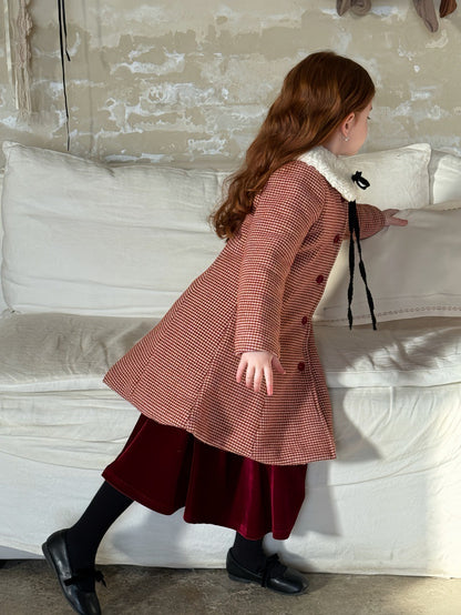 A-line retro coat with check pattern, round collar, quilted fur ribbon collar [mh0011889]