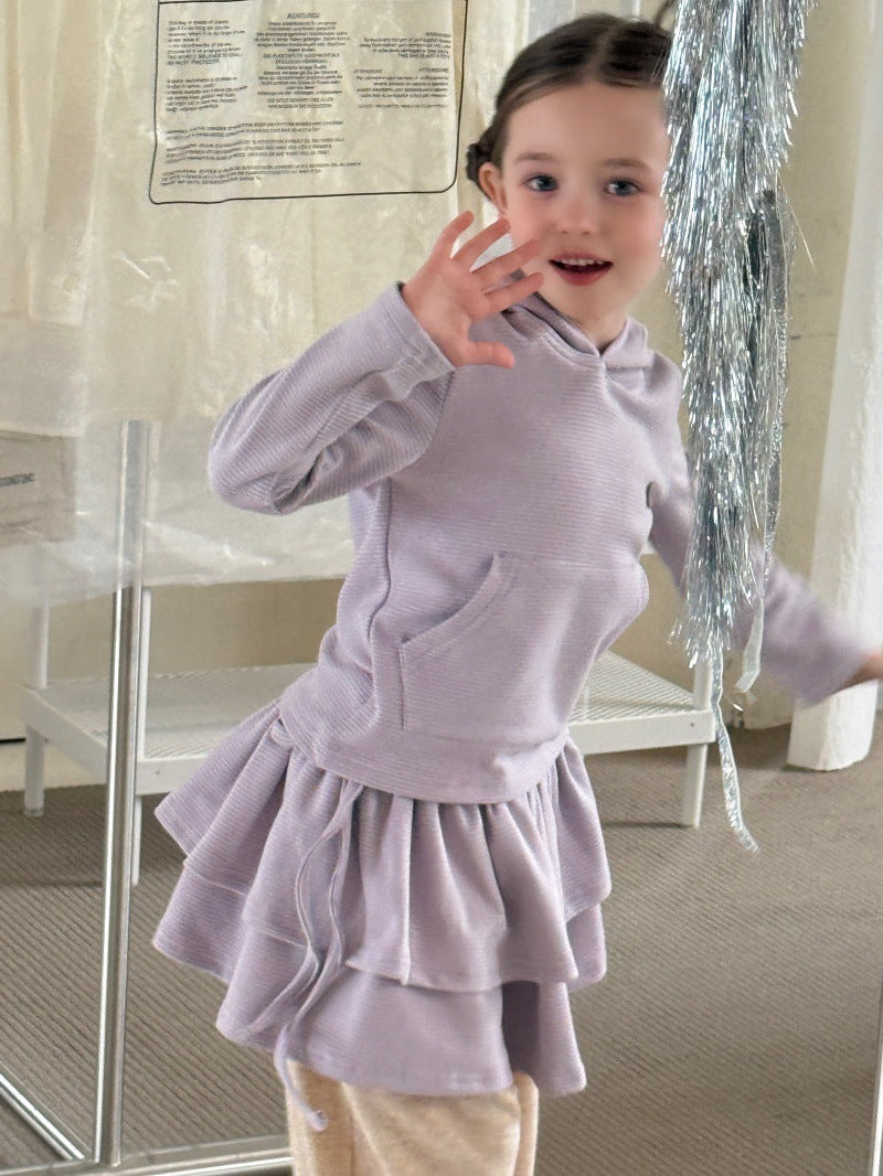 Kids' Bordered Hooded Long-Sleeved Parka and Ruffled Miniskirt Set [mh0014080]